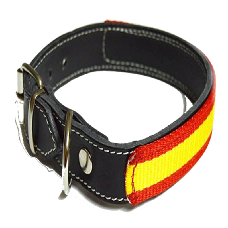 Collar para perro fabricado en cuero color oscuro con Bandera España 3 cm ancho