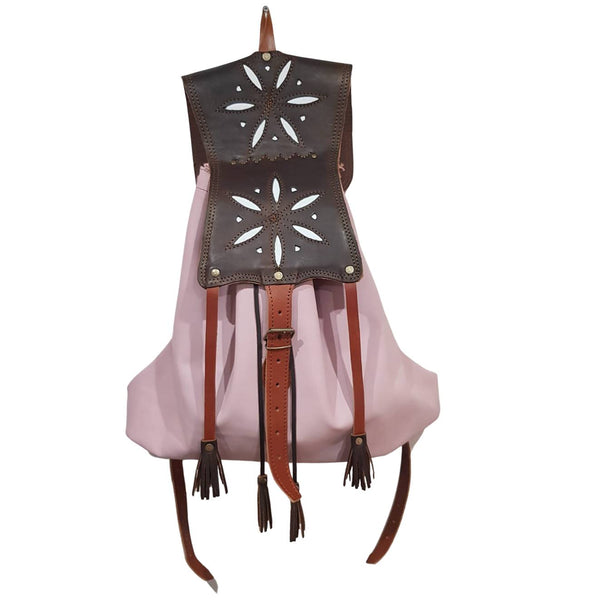 Zurrón en piel rosa con doble flor, artesanal