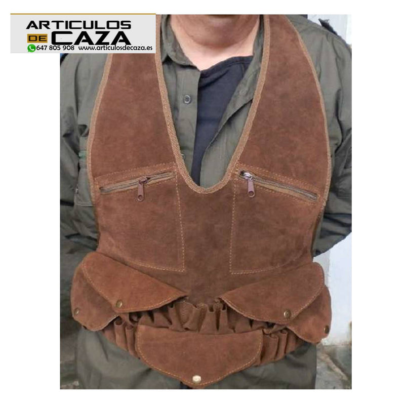 Chaleco porta cartuchos 48 tubos fabricado serraje marrón con tapeta