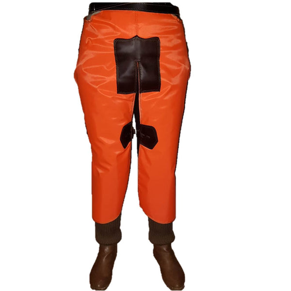 Zahon hombre naranja fosforito con refuerzos en cuero.