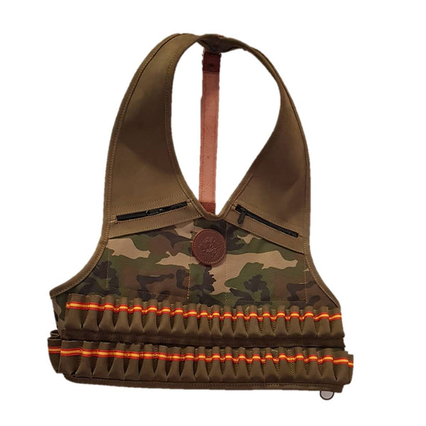 Chaleco porta cartuchos 48 tubos fabricado en lona cordura y refuerzos piel