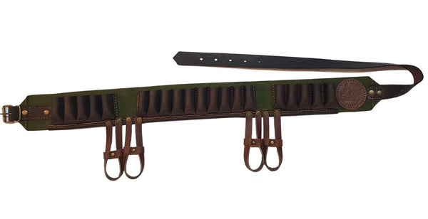 Canana porta cartuchos en cincha con piel con colgador de conejo calibre 20 o 12