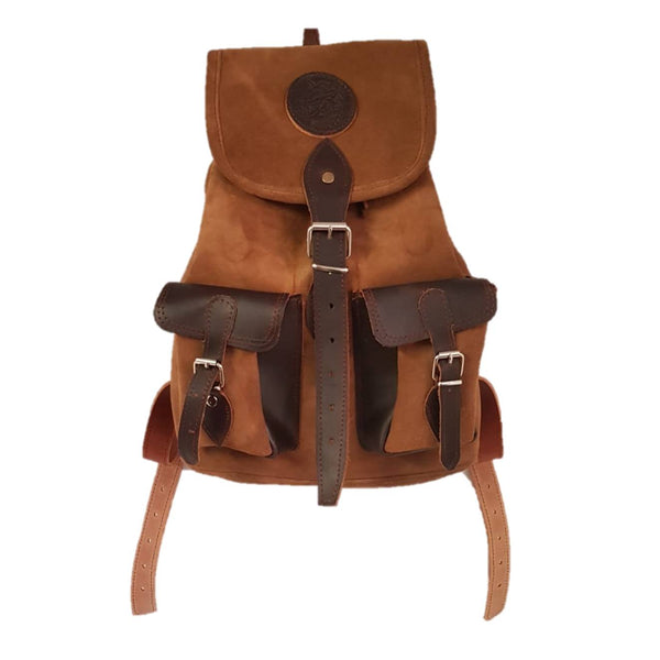 Mochila de caza en serraje y piel, con dos bolsillos frontales