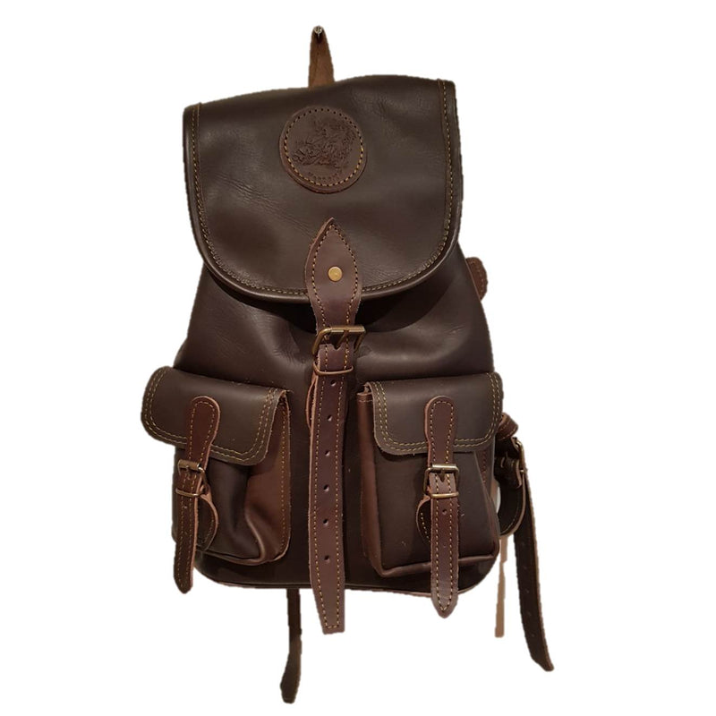 Mochila de caza de piel marrón con 2 bolsillos exteriores