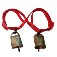 Cencerro para hurón fabricado en metal, con correa roja.