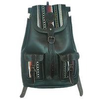 Mochila de cuero vaquetilla español. Con detalles de tejido sarga tipico valenciano